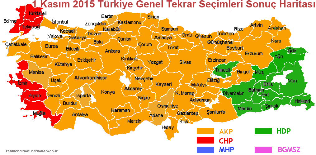  
Bu harita 1 Kasım 2015 Türkiye Genel Tekrar Seçimin Sonuçları Türkiye haritası üzerinde illere göre dağılımı göstermekte.
 