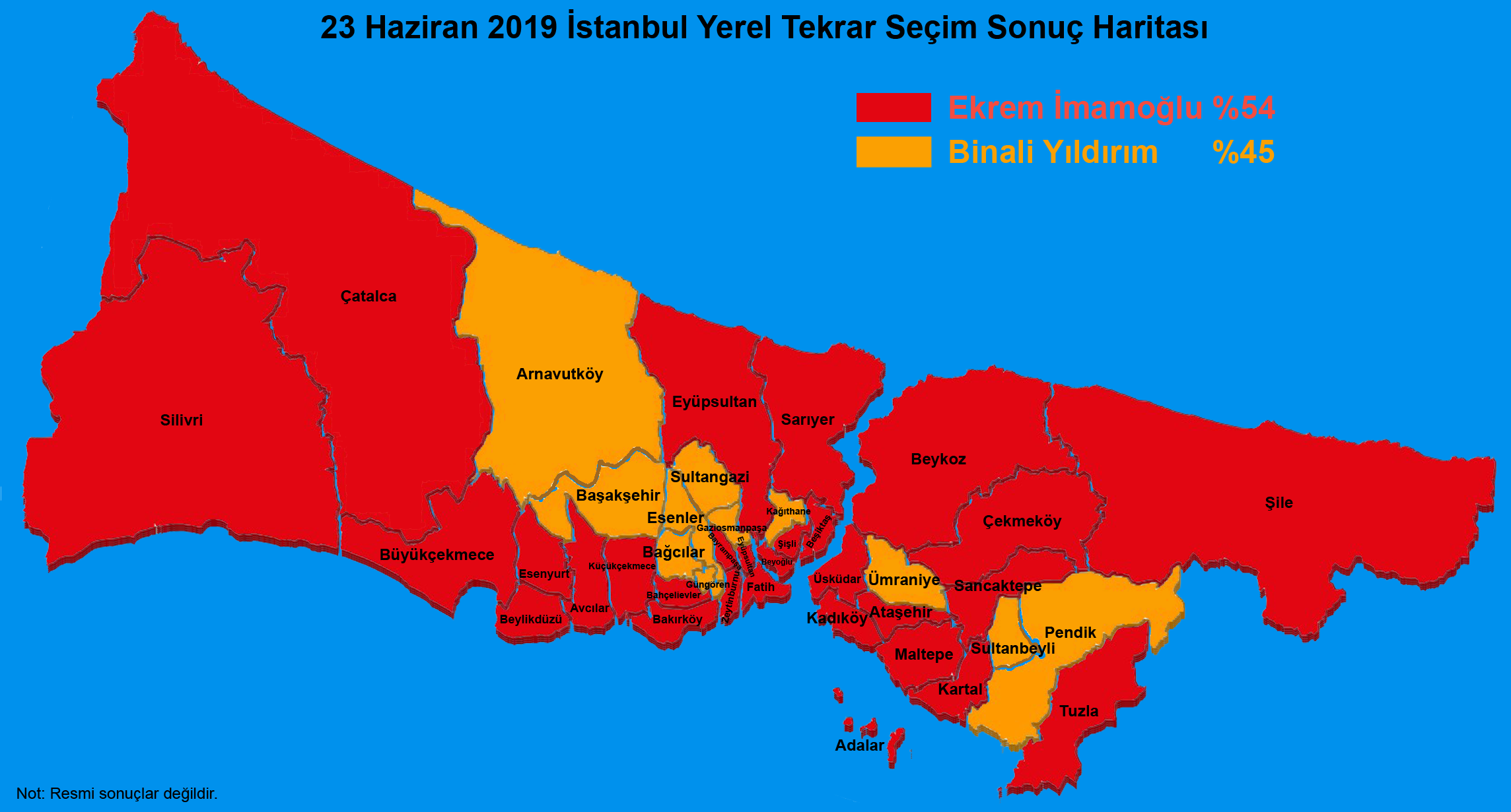 23 Haziran 2019 İstanbul Yerel Tekrar Seçim Sonuç Haritası - partilerin ilçelere dağılımı