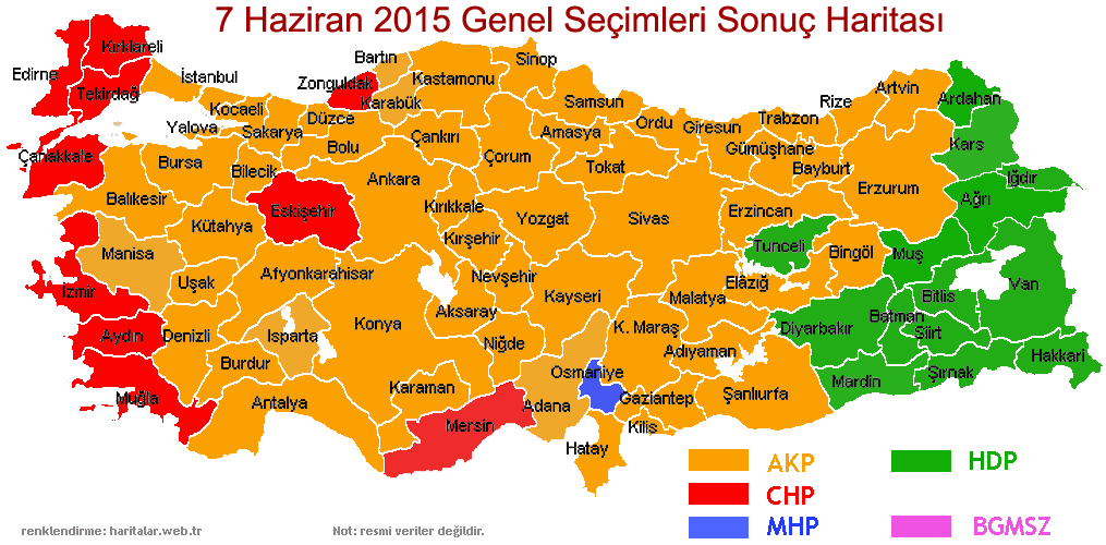  
Bu harita 7 Haziran 2015 Türkiye Genel Seçimin Sonuçları Türkiye haritası üzerinde illere göre tercih dağılımını göstermektedir.
 