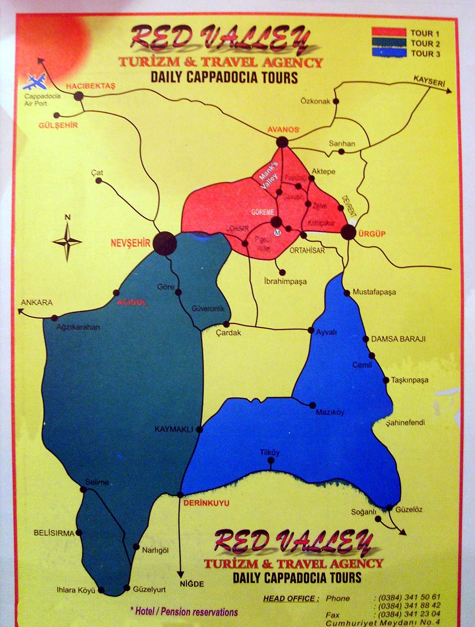 Kapadokya bölgesi haritası üzerinde günlük (3 farklı renk) gezi turu seçenekleri / Red Valley Travel