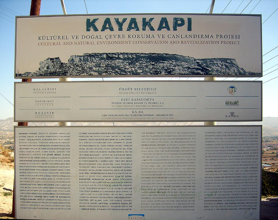  Kapadokya Ürgüp Kayakapı projesi tabelası 
 Ürgüp Belediyesi